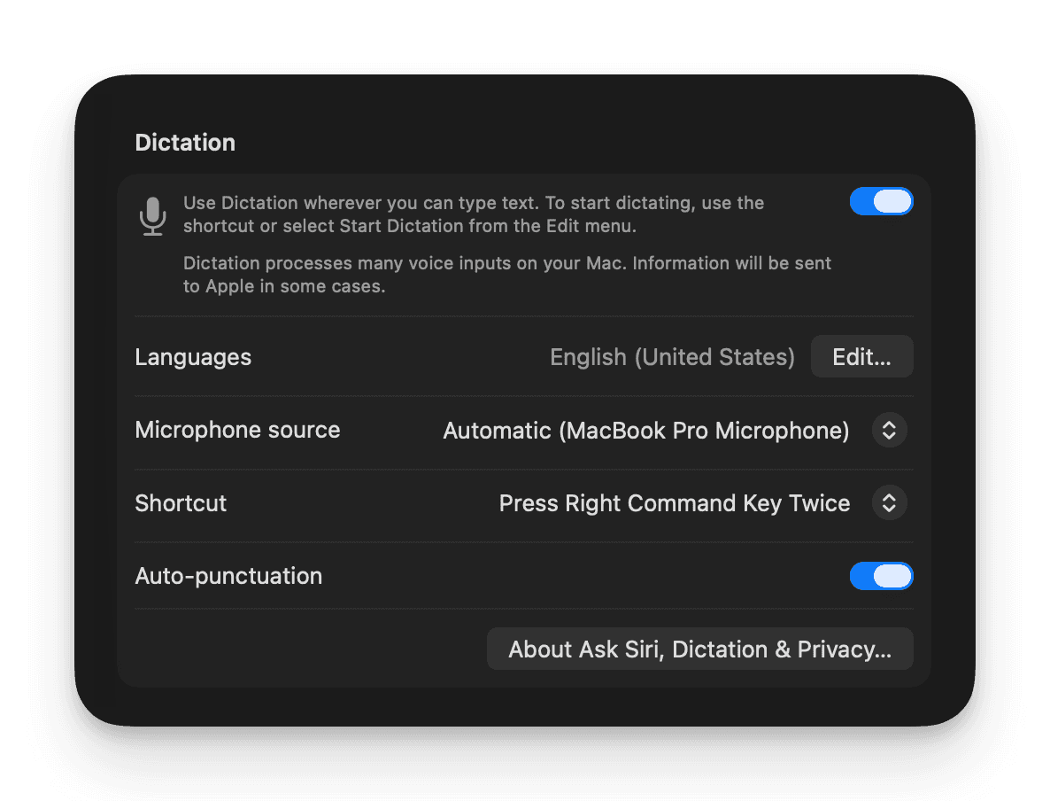 macOS 26 System Settings showing the Dictation panel with toggle, language, microphone source, shortcut, and auto-punctuation options
